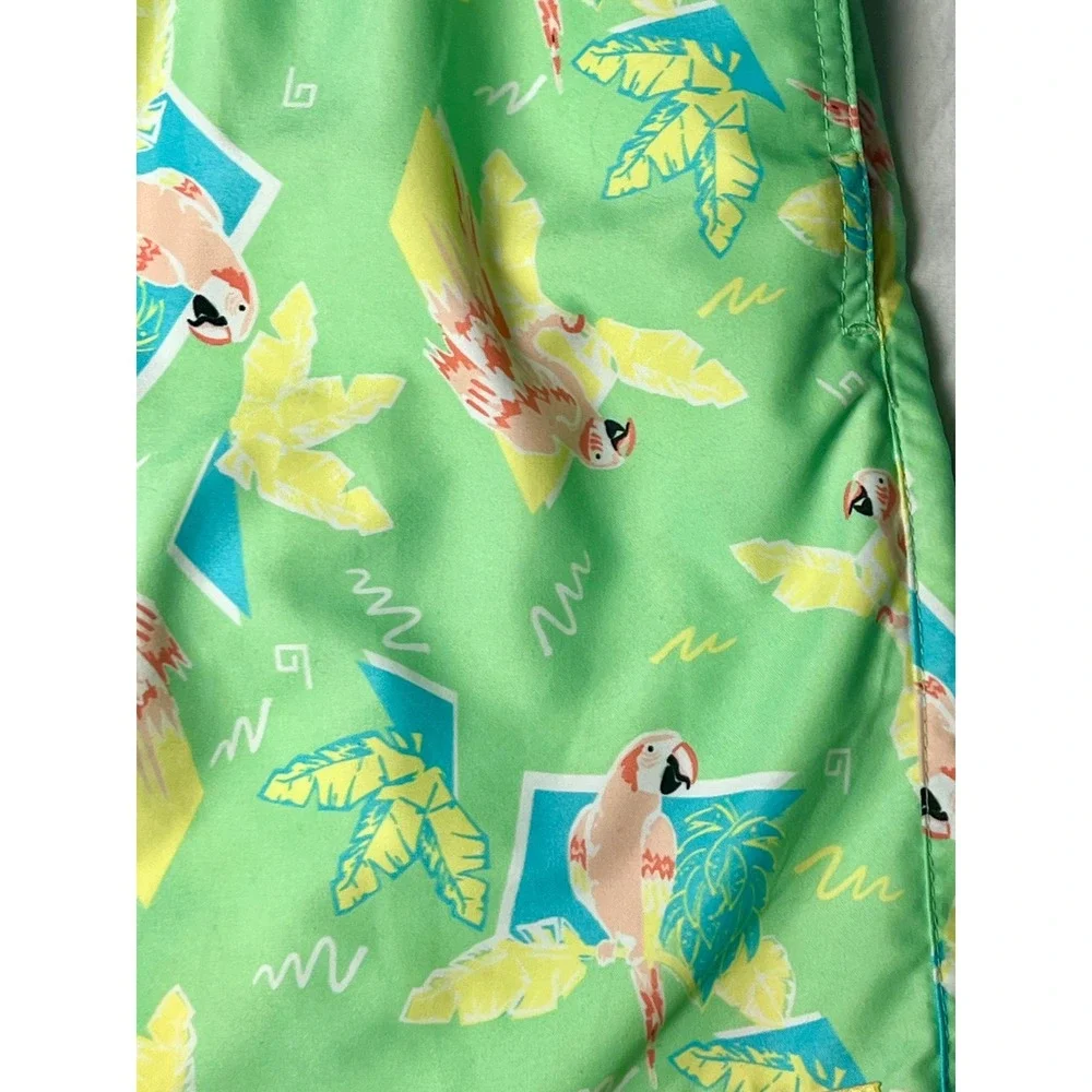 Tipsy Elves Mens Parrot Tropical Swim Trunks Green‎ Retro Board Shorts Size S